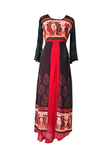 indianbeautifulstore Indian Maxi Madhubani Print Formal Indian Ethnic Women Bollywood Kurti Dress Print Evening Maxi Dress Party Wear Gown for Women with Maxi Dress with Sleeves