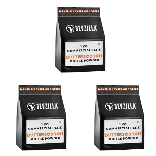 Image of Bevzilla 1kg Butterscotch Instant Coffee Powder | 100% Pure Arabica Beans | Makes 500 Cups | For HoReCa Use | Hot & Cold Coffee (Pack of 3)