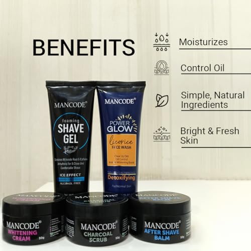 Image of Mancode Grooming Gift Set - The Ultimate Glow Kit for Men | Complete Grooming Kit | Hydrates & Revitalizes Skin (Shave Gel,Face Wash,After Shave Balm,Whitening Cream,Scrub) Stylish Gift Box Pack of 5