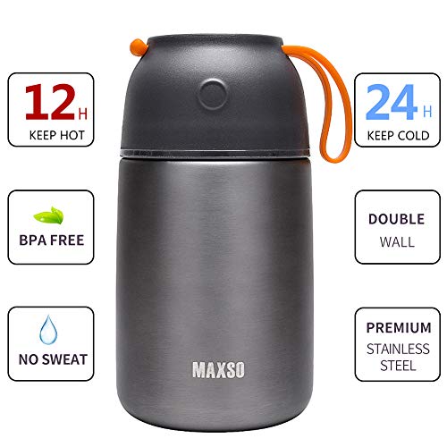 MAXSO 2 Pack Soup Thermo for Hot & Cold Food for Kids Adults, Vacuum Insulated Food Jar Thermal Lunch Containers, Travel Food Flask with Spoon (24 oz,17 oz) (Grey)