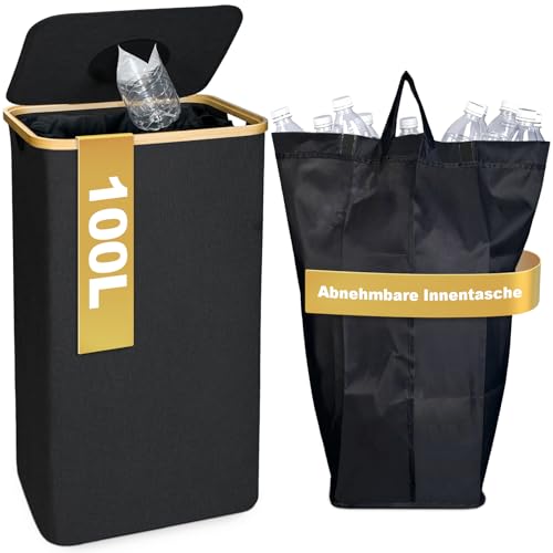 PeranoRidia 100L Pfandflaschen Sammelbehälter [INKL. TRAGETASCHE] Flaschensammler Leergut PET Flaschen Pfandbehälter Pfandsammler Organizer and Altglas Aufbewahrung mit Einwurf Schwarz
