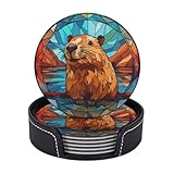 Capybara Drink Coaster Set of 6 With Holder - Leather Coasters for Table/Drinks/Coffee Protection - Housewarming Gift