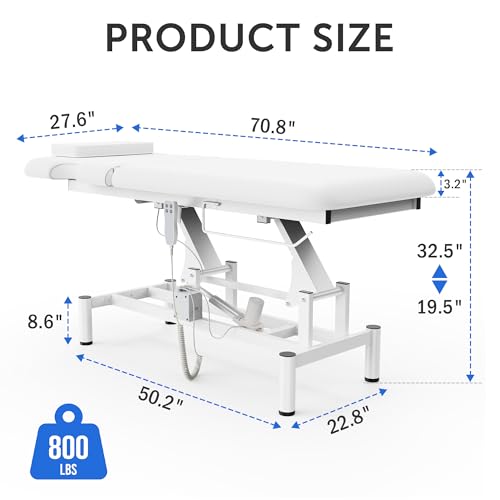 Image of Dolonm 2 Motors Electric Massage Table, Hydraulic Electric Lift Adjustable Backrest and Height Lifting for Treatment, Physical Therapy, Spinal Massage, Facial Spa, Waxing, Tattooing - White