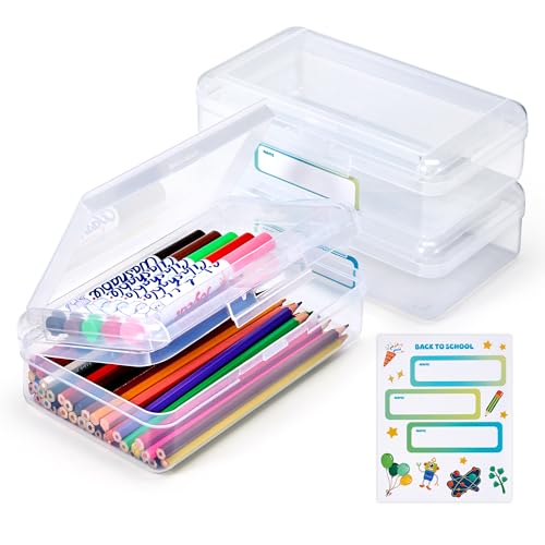 GAMENOTE Plastic Pencil Box with Personalized Sticker,Kids Large Hard Pencil Case with Snap-tight Lid,Clear Crayon Maker Organizer,Small Art Craft Storage Containers,School Supplies Box for Boys,Girls