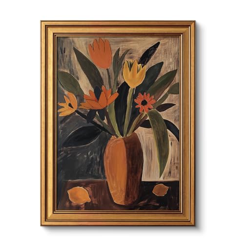 Image of VIYYIEA Vintage Gold Framed Wall Art for Living Room, Flowers Canvas Prints Home Decor, Oil Painting Picture, Bedroom Wall Decor Gifts for Friends or Family -【Tulip and Lemon】-(16L x 12W)