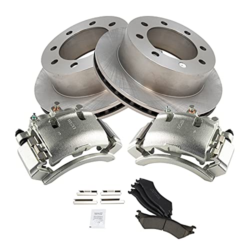 Image of TRQ Rear Brake Pad, Caliper, & Rotor Kit Ceramic Vented Compatible with 2003-2007 Ford E-250 1999-2002 E-250 Econoline