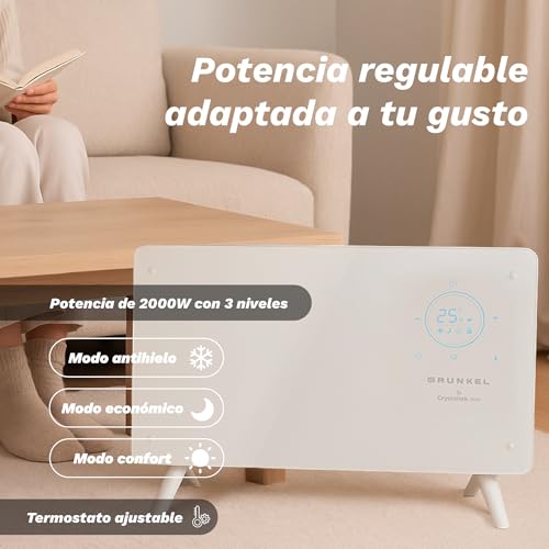 GRUNKEL - Emisor Térmico GP-2000CT 2000W | Panel Digital con Wi-Fi | 3 Niveles de Potencia | Programación 24H | Termostato Regulable | App Móvil | Panel de Cristal | Bloqueo Infantil - imagen 5