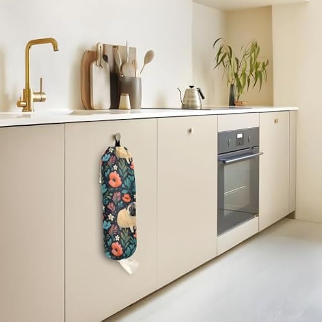 Flower with Pug Plastic Bag Holder, Large Grocery Bags Dispenser Washable Shopping Bags Carrier for Home Kitchen Decor, 2Pcs