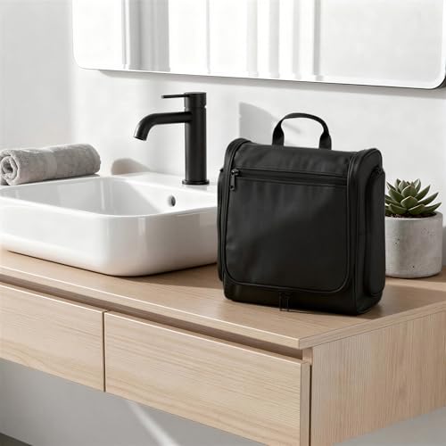 Image of Amazon Essentials Waterproof Travel Toiletry Bag for Men and Women, Hanging Dopp Kit with Multiple Interior Pockets, 2 Side Pockets, Black, 10 inch x 4 inch x 10 inch