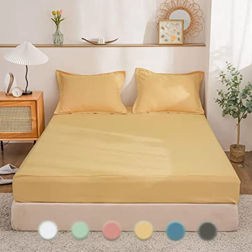 Fitted Bed Sheets Queen Light Camel - Super Soft Breathable Comfortable Solid Color Fitted Bed Sheets - Extra Deep Pocket Fitted Bed Sheets Up to 22 Inch - 1 Single Queen Fitted Bed Sheet Only