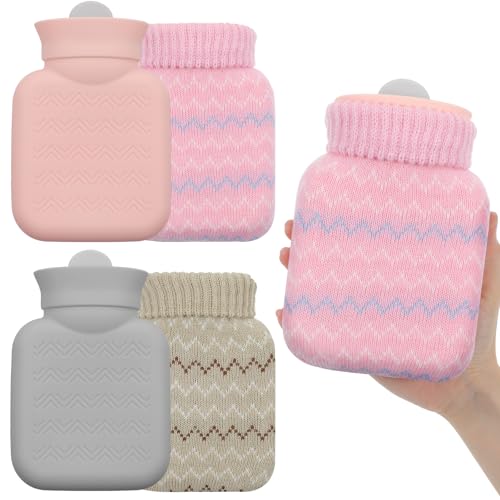 2 Pcs Mini Hot Water Bottle for Hot & Cold Compress with Cover 320ml Silicone Microwave Heating Bottles Small Water Bag for Travel Holiday Gift, Grey, Pink