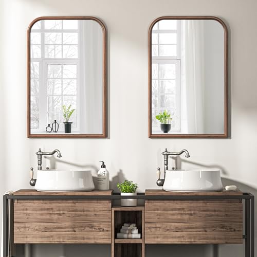 Image of 24 inchx36 inch Arch Wall Mirror for Wall, Wall Mounted Vanity Mirror for Bedroom, Wood Grain Finish Frame Mirror with Tempered Glass, Vintage Decorative for Bathroom, Entryway, Living Room, Walnut