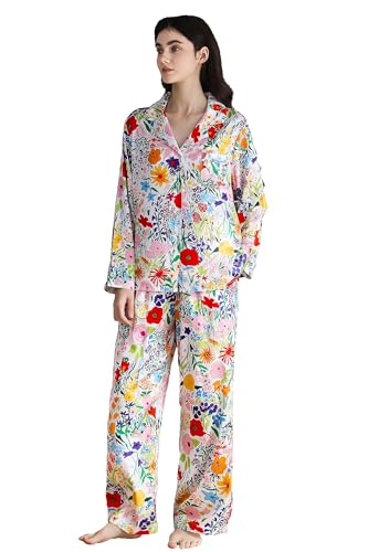 Image of YiNi LuLu Womens Silk Satin Pajamas Set Button Down 2 Piece Pjs Long Sleeve Oversized Sleepwear with Pockets