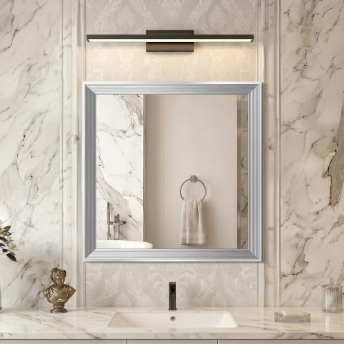Image of DESBING 24 inchx24 inch Silver Bathroom Mirrors for Over Sink | Tempered Glass, Metal Frame, Rectangle Vanity Wall Mirror for Bathroom, Living Room, Bedroom, Horizontally or Vertically