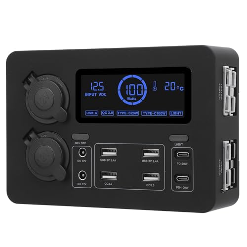 Jelquix 12V Apto para Mini Caja de Distribución de Energía Pantalla LCD Eficiente Puerto USB C QC3.0 Barco RV Coche Multifuncional