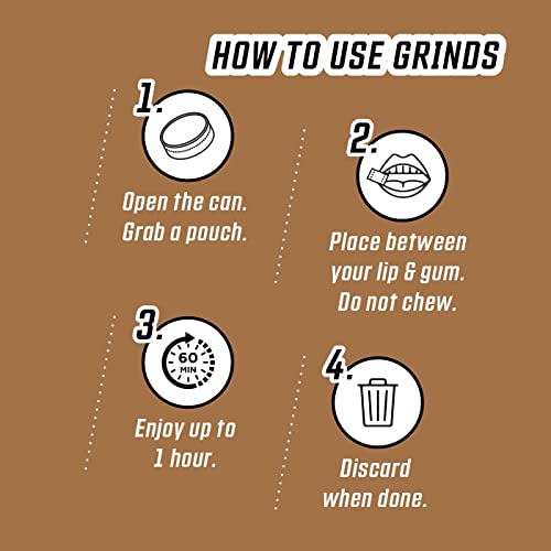 Grinds Coffee Pouches | 6 Cans Of Double Mocha | Tobacco Free, Nicotine Free Healthy Alternative | 18 Pouches Per Can | 1 Pouch Eq. 1/4 Cup Of Coffee (Double Mocha) #TOP2