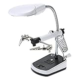  EUROXANTY® Lupa de Mesa  Soporte para Soldador  5 luz LED  2 Pinzas de Cocodrilo  Aumento 3.5X 10X  Lente Acrílica  Enchufe o Pilas  Especial para Placa Base