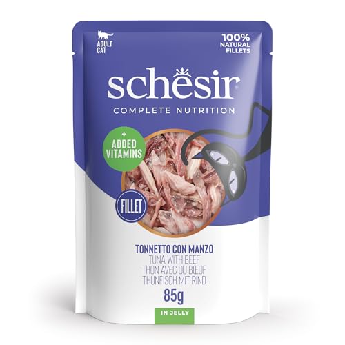 Schesir Atún con Ternera en Gelatina, Comida Húmeda Completa para Gatos, en Bolsas, 100% Natural, con Vitaminas Añadidas, 12 x 85g
