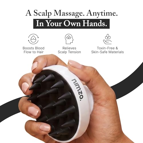 Image of Nimzo Silicone Scalp Massager Shampoo Brush | Hair Massager for Hair Growth, Dandruff Removal, Blood Circulation | Exfoliate (Black & White)
