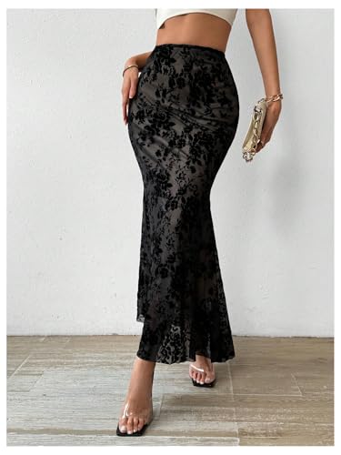 GORGLITTER Women's Y2K Goth Maxi Skirts Ditsy Floral Mesh Gothic Skirts Ruffle High Waist Long Skirts4