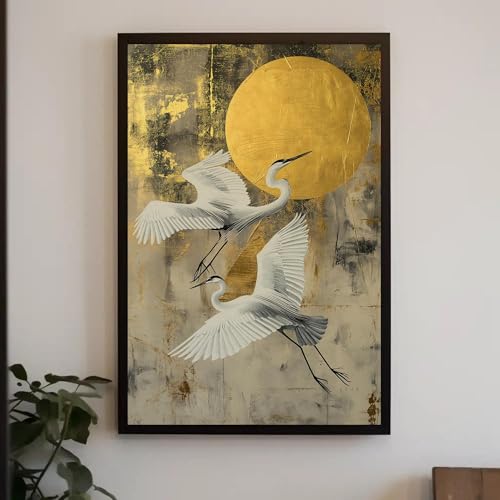 Peinture japonaise hérons et lune dorée pour créer un cocon zen dans votre chambre