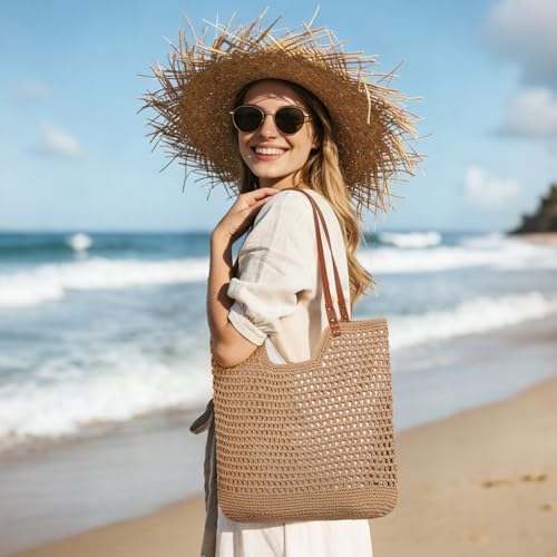 Bolso tote tejido para playa estilo boho marrón miniatura 2