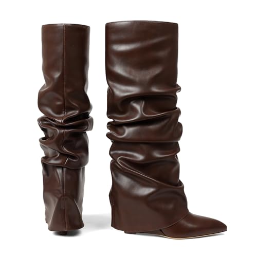 Image of Oiamenne Women's Fold Over Boots Slouch Wide Calf Knee High Boots | 3.15 inch Wedge Heel, Pointed Toe Tall Boots, Pull-on, Faux Leather Boots for Party Daily Wear