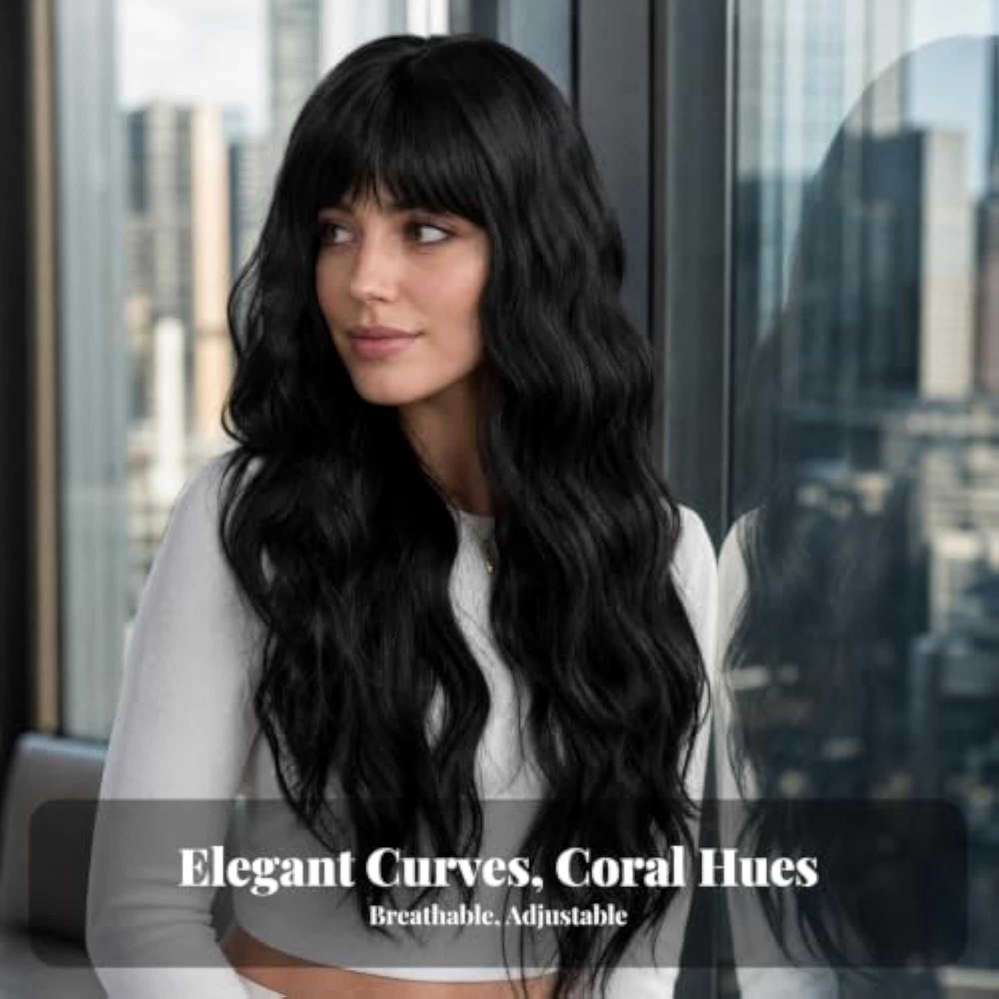 Women's Heat-Resistant Long Wavy Hairpiece with Bangs, Off-White