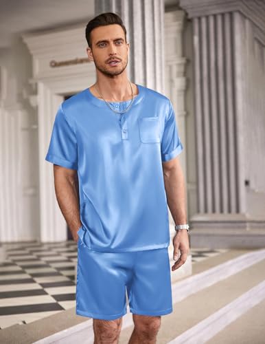 Image of Ekouaer Mens Pajamas Set Silk Satin Pjs Sets Summer Short Sleeve Button Down Sleepwear 2 Piece Loungewear with Pockets