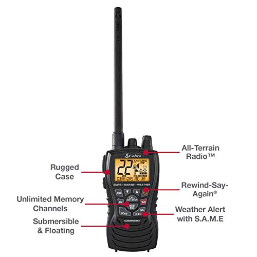 Cobra MR HH450 DUAL Handheld Floating VHF Radio – 6 Watt, All-Terrain, Submersible, Noise Cancelling Mic, Backlit LCD Display, Memory Scan, Black