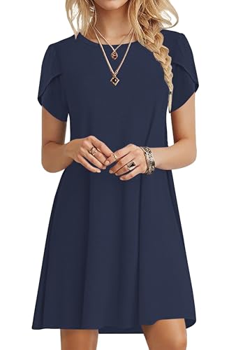 PLOKNRD Sommerkleid Damen Blütenblatt Ärmel T-Shirt Kleid Rundhals Blumenmuster Freizeitkleid Leicht und Luftig mit Taschen(Navy Blau,XL