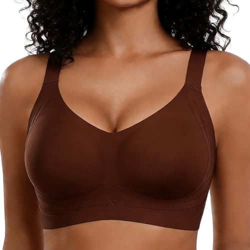 FHTECO Smoothing Bra Anti Sagging Wireless Push Up Bras for Women No Underwire Full Coverage Bra Comfy Bras for Women (L, Chocolate)