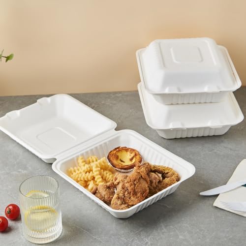 Jaluxing [8X8 1-Compartment 75-Pack Bio Natural Clamshell Take Out Food Containers with Lids, Disposable Bagasse Togo Trays, Eco-Friendly Biodegradable Made of Sugar Cane Fibers by Jaluxing - Used condition - Image 3