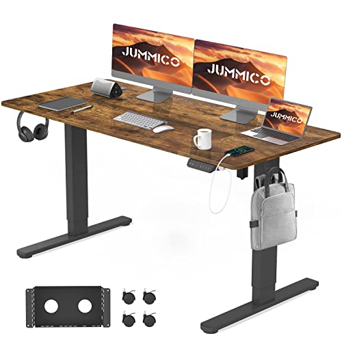 JUMMICO Electric Standing Desk 140 * 60cm with TypeC & USB Charging Port, Height Adjustable Sit Stand Desk with Cable Tray and 360° Wheels, Stand Up Computer Desk for Home Office (Vintage Brown) Cover