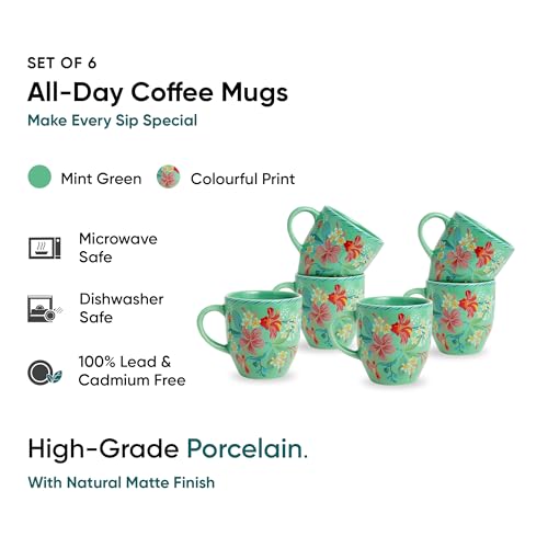 Image of Shay Ceramic Coffee Mug Set, Set of 6, 300ml, Big Bold Floral | Medium Mug | Glossy Finish | Ceramic Cup | Microwave Safe (Mint Big Bold Milk Mug, Set of 6)