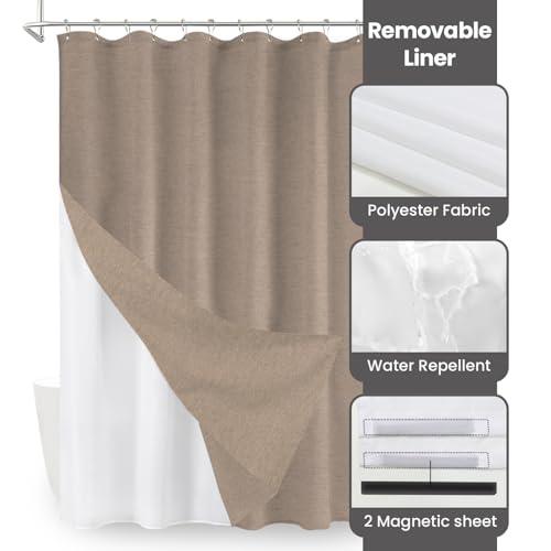 Inhousolu Boho Farmhouse Shower Curtain with Fabric Liner Set, Faux Linen Textured, 14 Metal Hooks Luxury Weighted Hem, Washable Wrinkle Free Bath Curtain for Hotel Bathroom 72" W x 84" L Beige by INHOUSOLU HOME DECOR - Used condition - Image 4