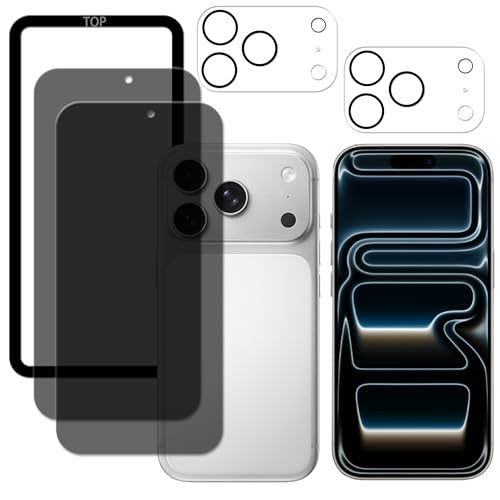 KPNS ガラスフィルム iphone 17 pro max 用 覗き見防止 (2枚)ガラスフィルム + (2枚)カメラフィルム +ガイド枠付き 日本旭硝子素材採用 全面 カメラ保護 レンズカバー 対応