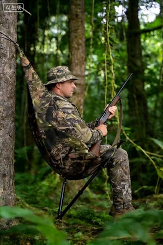 Thealke Low Down Hunting Seat, Adjustable Height Portable Folding Tree Seat, Silent Swivel 180° Pivot Hammock Chair, Lightweight Hunting Hammock for Deer Turkey Ground Camping Shooting