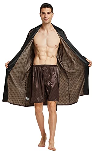 Image of TONY AND CANDICE Men's Satin Robe Lightweight Long Sleeve Silk Kimono Bathrobe with Shorts Set Sleepwear