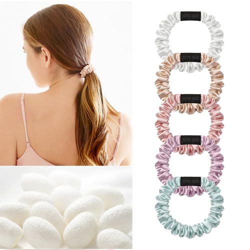 Image of THXSILK 100% Mulberry Silk Scrunchies 5-Pack, 25 Momme Mulberry Silk Hair Ties for Women, Sleek Low Profile No Damage Ponytail Holders, for Fine Hair & Everyday Use, Light Colors
