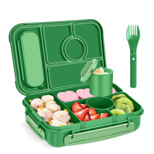 Amathley Brotdose Kinder mit Fächern,Bento Box Kinder,Brotdose Erwachsene,1300ML Lunchbox mit 5 Fächern und Saucenbehältern,Mikrowellen-und Spülmaschinenfest,BPA-Frei (Smaragdgrünn)