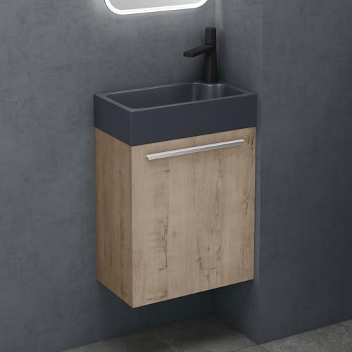 doporro Petit Meuble sous Vasque Chêne Clair et Vasque Gris Noir Mat 46cm Ensemble de 2 Pièces Meuble de Salle de Bain avec Lavabo Design Pisa
