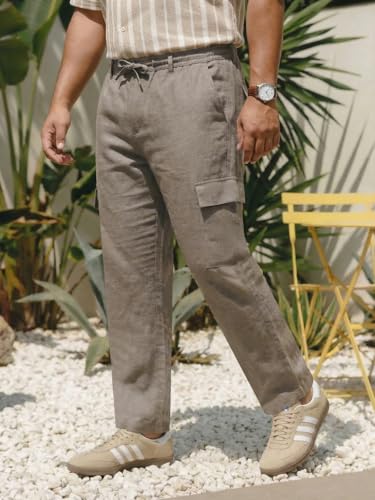 Image of Urbano Plus Men's Straight Fit Linen Cargo Pants with 6 Pockets