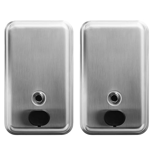 Commercial Soap Dispenser Wall Mount - 37oz (2-Pack) Heavy Duty Stainless Steel Manual Soap Dispenser for Bathrooms with Corrosion Proof Lining and Anti-Leak Patent-Pending Pump Design