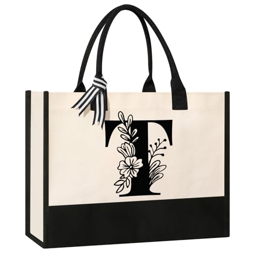 Image of Tecanne Personalized Initial Canvas Tote Bag, Suitable for Birthday, Wedding, Beach, Holiday, Gifts for Women, Mom, Teachers, Nurses, Best Friends, Bridesmaids (T)