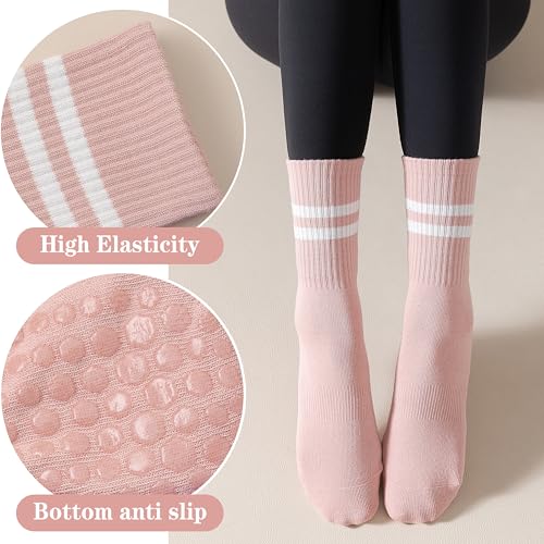 4 Pairs Non Slip Pilates Yoga Socks for Women Anti Skid Grips Cotton Crew Socks (Pink/White/Purple/Black)4