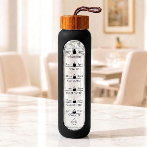 Image of Glass Water Bottle 1 Ltr with Protective Silicone Cover Borosilicate Glass Airtight, Leak-Proof Bamboo Lid,BPA-Free, Eco-Friendly,Reusable for Gym /Travel /Office /Home |Time Marker, Motivational (BLACK)