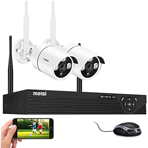 maisi [True 3MP] HD WiFi CCTV Camera System, 4CH Expandable NVR + (2) In/Outdoor Security IP Cameras w/Built-in Mic, Remote View on PC/App, Motion Detection Alerts, Day/Night Vision, No Hard Drive Cover