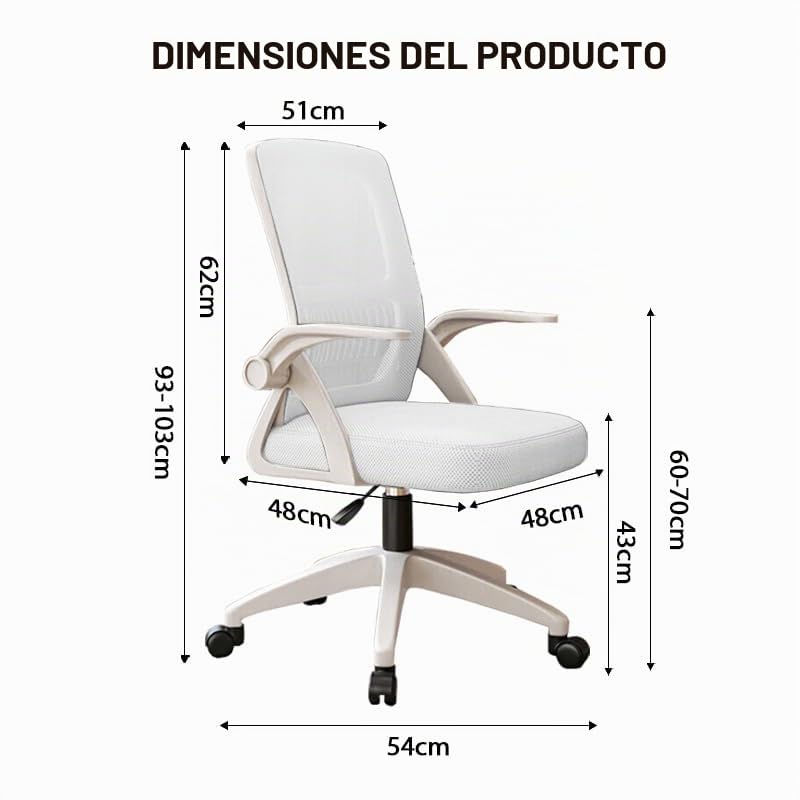 Silla de Oficina en Casa Ergónómica de Malla Transpirable - Respaldo Alto Ajustable en Altura,Giratoria con Reposabrazos Abatibles y Soporte Lumbar(Blanco)