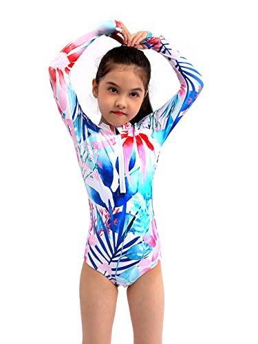 Yolipuli Girls Long Sleeve Zipper Rashguard Swimsuit Uv Protection One-Piece Swimwear Athletic Bathing Suit With Sun Protection One Piece Swimsuits White Floral Print Girl 3-4Years #TOP2